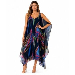 Robbie Bee Navy Abstract Print Kaftan Midi Dress Cold Shoulder‎ V-Neck Large NWT